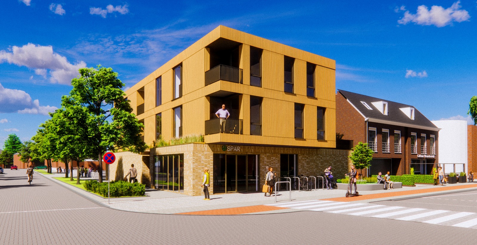 Gepresenteerde afbeeldingen buurtsuper met appartementen